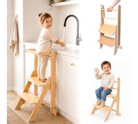 Tour d'observation Montessori pour Enfants,Tour d'apprentissage en Bois | réglable sur 2 niveaux&tabouret de cuisine,tour montessori anti-basculement avec rampes de sécurité et marches antidérapantes