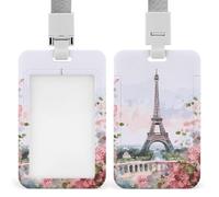 Tour Eiffel avec fleurs coulissantes - Porte-badge d'identification avec fenêtre transparente - Protecteur de carte vertical - Cordon amovible en plastique rigide étanche - Porte-cartes pour