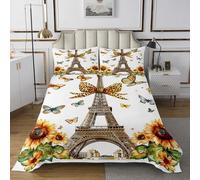 Tour Eiffel Couvre-lit 2 taies d'oreiller Léopard Bowknot Français Romantique Couverture M Taille M pour Adolescents Adultes Tournesols Jaune Papillon rêveur Parure de lit Quilted pour chambre à