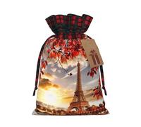 Tour Eiffel de Paris avec impression de feuilles d'automne - Joli sac de Noël à carreaux assortis - Avec cordon de serrage - Pour fête de Noël