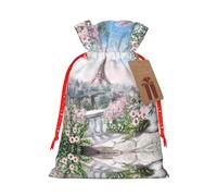 Tour Eiffel de Paris avec impression de fleurs - Joli sac de Noël avec cordon de serrage - 12 x 17 cm - Pour fête de Noël ou d'anniversaire