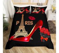 Tour Eiffel Filles Housse de Couette 220x240,Femmes Talons Hauts Fleurs Rose Ensemble de Literie Rouge Noir Romantique Paris Thème Parure de Lit Lèvres Papillon Couvre Lit Cadeau Chambre Décor
