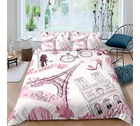 Tour Eiffel Housse de Couette Filles Chic Romantique Paris Thème Parure de Lit 200x200cm Couple Chambre Décor Moderne Français Paysage Urbain Design Parure Housse de Couette Microfibre Rétro Rose