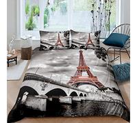 Tour Eiffel Imprimé Housse de Couette Rétro Paris Thème Parure de Lit 200x200cm pour Enfants Hommes Pont Lac Gris Série Parure Housse de Couette Paris Paysage Urbain Chambre Collection 3 pièces