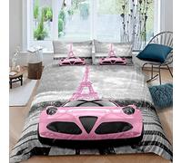 Tour Eiffel Parure de Lit 220x240cm Mignon Paris Thème Housse de Couette Romantique Rose Gris Tour Eiffel Voiture Parure Housse de Couette Célèbre France Ville Scène Jeunesse Moderne Vintage