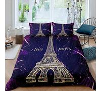 Tour Eiffel Parure Housse de Couette Mondialement célèbre Chic Paris Theme Housse de Couette for Enfants Paris Paysage urbain Imprimé Microfibre Parure de Lit 220x240cm Decor 3 pièces Violet