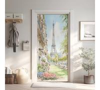 Tour Eiffel Poster de Porte 3D Trompe L'Oeil 73x205 cm, Paris France Auto-Adhésif Sticker Porte pour Chambre Cuisine, Vue sur La Rue Stickers Autocollants de Porte