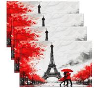 Tour Eiffel Tapis de Table Lot de 4 Femme,Romantique Rue de Paris Sets de Table 45x30,Couple Couple Fleur Rouge Sets de Table,Français Imperméable Tapis de Table Antidérapant