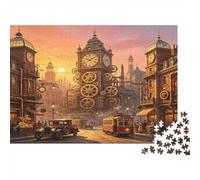 Tour Horloge Steampunk Puzzle 1000 Pièces Papier pour Adultes Scène de Ville Vintage au Coucher du Soleil Jeu de Puzzle 1000 Pièces Détente Déco Maison Cadeau 52x38cm/1000pcs