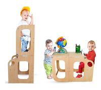 Tour Montessori Bois Naturel - Tour d’Observation Évolutive et Sécurisée pour Enfants, Aide Cuisine, Learning Tower Transformable en Bureau/Table