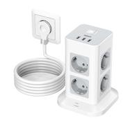 Tour Multiprise avec 8 Prises et 3 USB, TESSAN Multiprise avec Prise Plate et Interrupteur, 2M Câble, 3600w, Gris