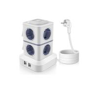 Tour multiprise avec protection contre les surtensions, 8 prises et 4 ports USB, 2500 W, avec interrupteur.