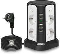 Tour Multiprise Electrique 8 Prises Pare Foudre avec USB (5 V/5 A) 2500 W Rallonge Multiprise avec 4 interrupteurs, Câble de 3 m Noir