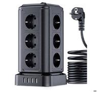 Tour Multiprise Parasurtenseur Parafoudre 12 Prises avec 4 USB 4,5A Ports - Cordon de 2m - 16A/4000W - Noir