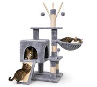 Tour pour chat d'intérieur gris clair de 98 cm avec panier hamac et niche privée, griffoirs enveloppés de sisal, meubles d'escalade à plusieurs niveaux pour chats de petite et moyenne taille