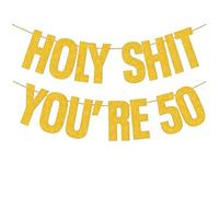 Tourima Bannière décorative dorée pour 50e anniversaire - Guirlande de lettres à paillettes « Holy Shit You 50 », environ 15 cm de hauteur, décoration d'anniversaire 50 ans homme et femme, décoration
