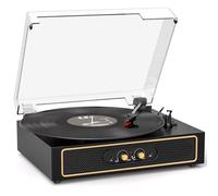 Tourne-disque Bluetooth rétro avec haut-parleurs intégrés, platine à 3 vitesses, contrôle des basses et des aigus, lecteur vinyle compact avec couvercle anti-poussière transparent, sortie RCA, entrée