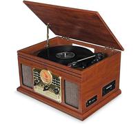 Tourne-disque, centre de musique Hi-Fi rétro en bois avec télécommande, lecteur CD, lecteur cassette, radio FM/AM, USB, entrée auxiliaire, enregistrement MP3