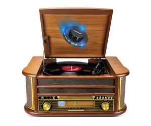 Tourne-Disque Evidence Acoustics EA-PL400 - Vinyle 33/45/78, 60W, FM, CD, Cassette, Bluetooth USB, REC, rétro, Bois, Light LED