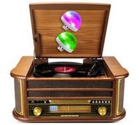 Tourne-Disque Evidence Acoustics - Vinyle 33/45/78, 60W, FM, CD, Cassette, Bluetooth USB, REC, rétro, Bois, 2 Mini Lumières LED Bois