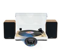 Tourne Disque Pré-amplifié Thomson TT301 Finition BOIS/BLANC - 33/45 tours, Bras AUTO Enceintes Bois 100W, Lumière OVNI LED