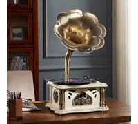 Tourne-disque vintage avec Bluetooth, phonographe en vinyle antique avec klaxon en laiton et télécommande pour décoration de la maison