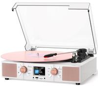Tourne-disque vinyle avec affichage LCD de l'horloge, lecture Bluetooth et USB, platine à 3 vitesses avec haut-parleurs intégrés, couvercle anti-poussière amovible, sortie RCA et prise casque, blanc