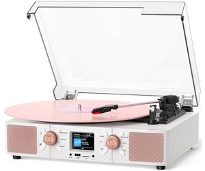 Tourne-disque vinyle avec affichage LCD de l'horloge, lecture Bluetooth et USB, platine à 3 vitesses avec haut-parleurs intégrés, couvercle anti-poussière amovible, sortie RCA et prise casque, blanc
