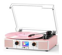 Tourne-disque vinyle avec écran LCD couleur, Bluetooth, USB/TF Playback | Tourne-disque rose élégant avec haut-parleurs intégrés, 3 vitesses, RCA, AUX, prise casque, parfait pour la décoration