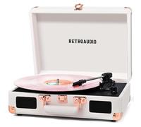 Tourne-disque vinyle avec haut-parleurs intégrés, 3 vitesses, Bluetooth, portable, en forme de valise, lecteur LP piloté par courroie, prend en charge la sortie RCA et la sortie casque (blanc or rose)
