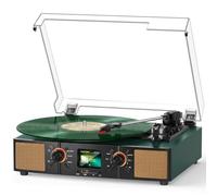 Tourne-disque vinyle avec lecture USB/TF, écran LCD couleur, vert olive | Connectivité RCA/AUX et prise casque, haut-parleurs intégrés, Bluetooth, courroie à 3 vitesses, horloge pour une écoute