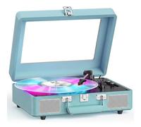 Tourne-disque vinyle Bluetooth avec haut-parleurs intégrés | Entrée Bluetooth, basses et aigus, lumière, entraînement par courroie, sortie RCA, entrée AUX, prise casque, couvercle anti-poussière
