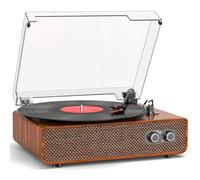 Tourne-disque vinyle vintage à 3 vitesses avec haut-parleurs améliorés | Bluetooth, contrepoids réglable | Sortie RCA entrée auxiliaire | Platine vinyle LP en bois marron clair