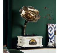 Tourne-disque vinyle vintage à 3 vitesses avec son surround à 360°, boîtier sculpté à la main pour divertissement à domicile et cadeau audio