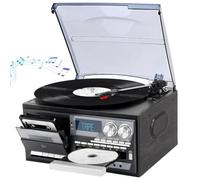 Tourne-disque vinyle vintage avec Bluetooth, cassette et lecteur CD, platine à 3 vitesses avec haut-parleurs intégrés, radio FM, USB et couvercle anti-poussière givré pour un usage domestique