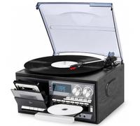 Tourne-disque vinyle vintage avec Bluetooth, CD, cassette et radio FM | Tourne-disque à 3 vitesses avec haut-parleurs intégrés, USB, radio AM/FM et cache anti-poussière givré pour un usage