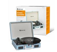 Tourne-Disque Vinyle Vintage Bleu - DENVER VPL-120 - Platine avec Enceinte intégrée - 3 Vitesses 33/45/78 Tours - Enregistrement USB vers PC - Lecteur rétro Valise