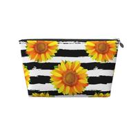 Tournesols sur Fond de Rayures Noires et Blanches, Trousse de Toilette Trousse de Maquillage Sac à cosmétiques Trousse de Toilette de Voyage Portable