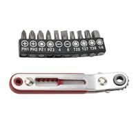 Tournevis à cliquet à tête coudée à angle droit - Manche en acier au chrome vanadium de 103 mm, interface hexagonale 1/4", cliquet à inversement rapide à 16 dents avec 10 embouts