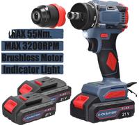 Tournevis-perceuse électrique sans balais, couple de 45/55 Nm, 2900/3200 tr/min, 2 batteries 21V, EU