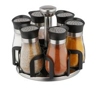 relaxdays Tourniquet à épices, avec 6 Pots, étagère rotative à 360°, INOX, Verre, HxD 16 x 17 cm, carrousel, Argent/Noir