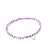 TOUS Bracelet élastique avec boules rondes d'améthystes et motif d'ours en argent sterling, 17 cm de long, collection motifs