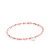 TOUS Bracelet élastique pour femme avec boules rondes à facettes en opale rose traité et motif cœur en argent sterling, 17 cm de long, collection motifs