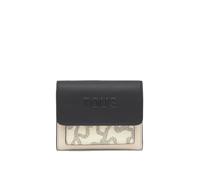 TOUS Petit portefeuille pour femme, cuir noir et beige avec motif imprimé, fermeture à rabat
