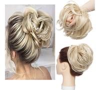 Tousled Updo Chignon Désordonné Extension de Cheveux Naturels Queue de Cheval avec élastique Postiche Synthétique pour les Femmes Blond Cendré à Blond Bleach