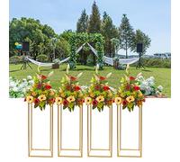 TouSuaRSi Lot de 4 vases dorés pour mariage - Vase haut - En métal - Vase de sol - Colonne - Mélangeur géométrique - Présentoir rectangulaire pour décoration de fête de mariage - 24 x 24 x 60 cm