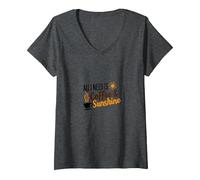 Tout ce Dont J'Ai Besoin, C'est d'une Amoureuse du café et du Soleil T-Shirt avec Col en V, Femme, Chiné Foncé, L