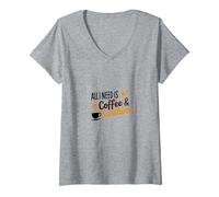 Tout ce Dont J'Ai Besoin, C'est d'une Amoureuse du café et du Soleil T-Shirt avec Col en V, Femme, Gris Chiné, XXL