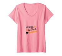 Tout ce Dont J'Ai Besoin, C'est d'une Amoureuse du café et du Soleil T-Shirt avec Col en V, Femme, Rose, S