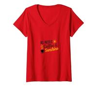 Tout ce Dont J'Ai Besoin, C'est d'une Amoureuse du café et du Soleil T-Shirt avec Col en V, Femme, Rouge, S